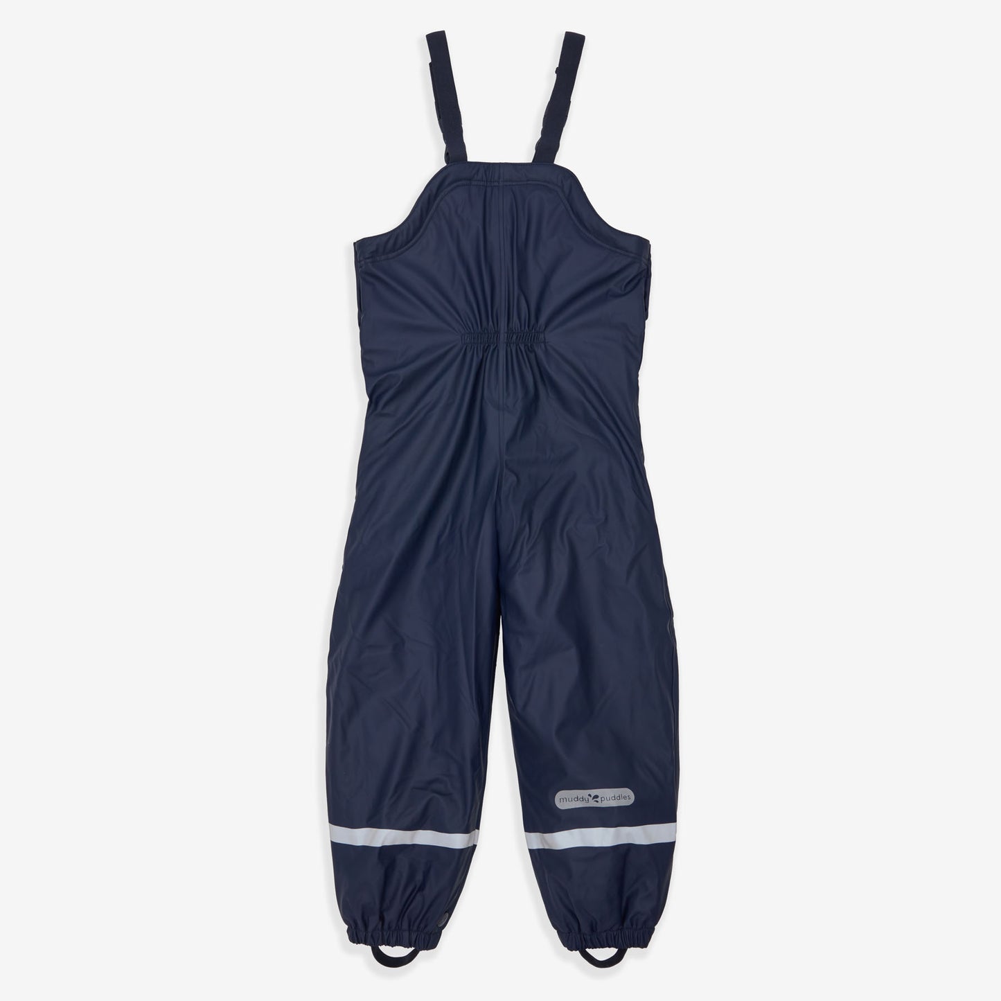 Navy Puddleflex waterproof dungarees with fleece lining, lying flat, unwrinkled, on a white background, with reflective stripes near the ankle.