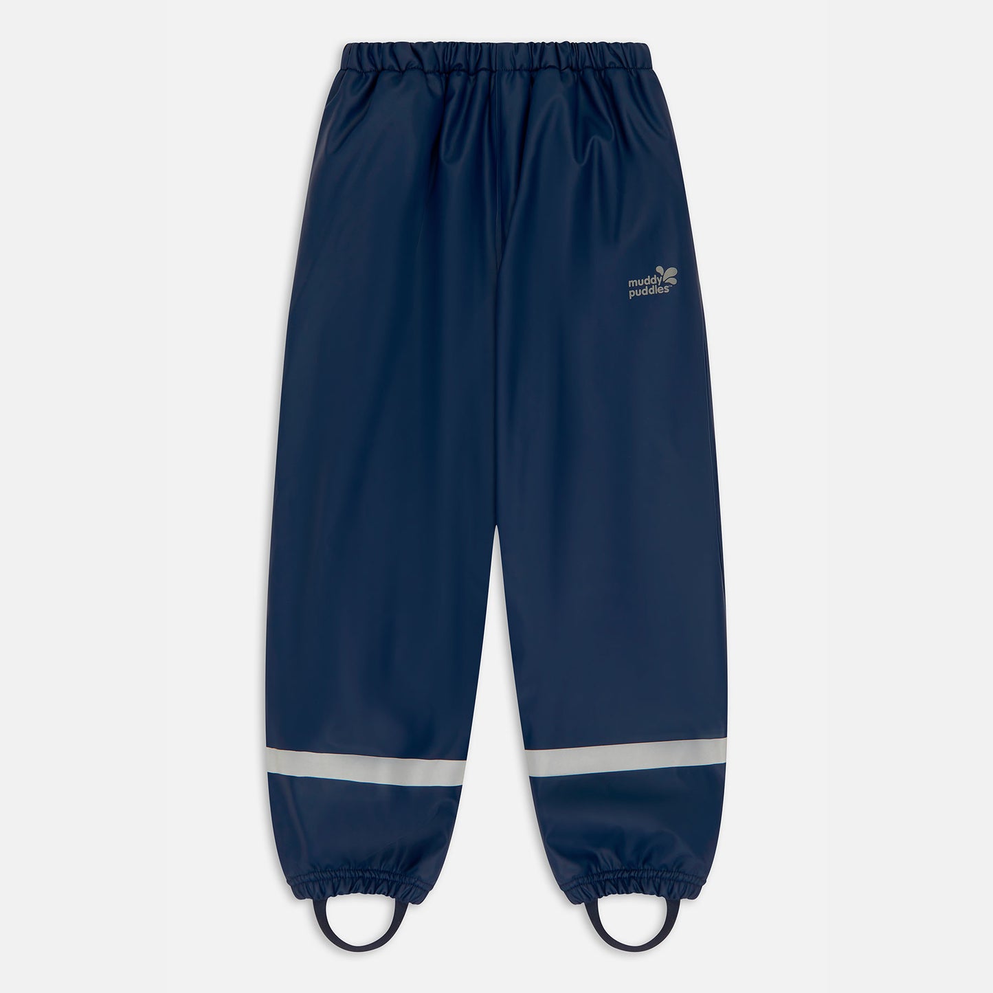 Navy Puddleflex Waterproof Fleece Lined Trousers laid out, showing elasticated waist and reflective band near the bottom.