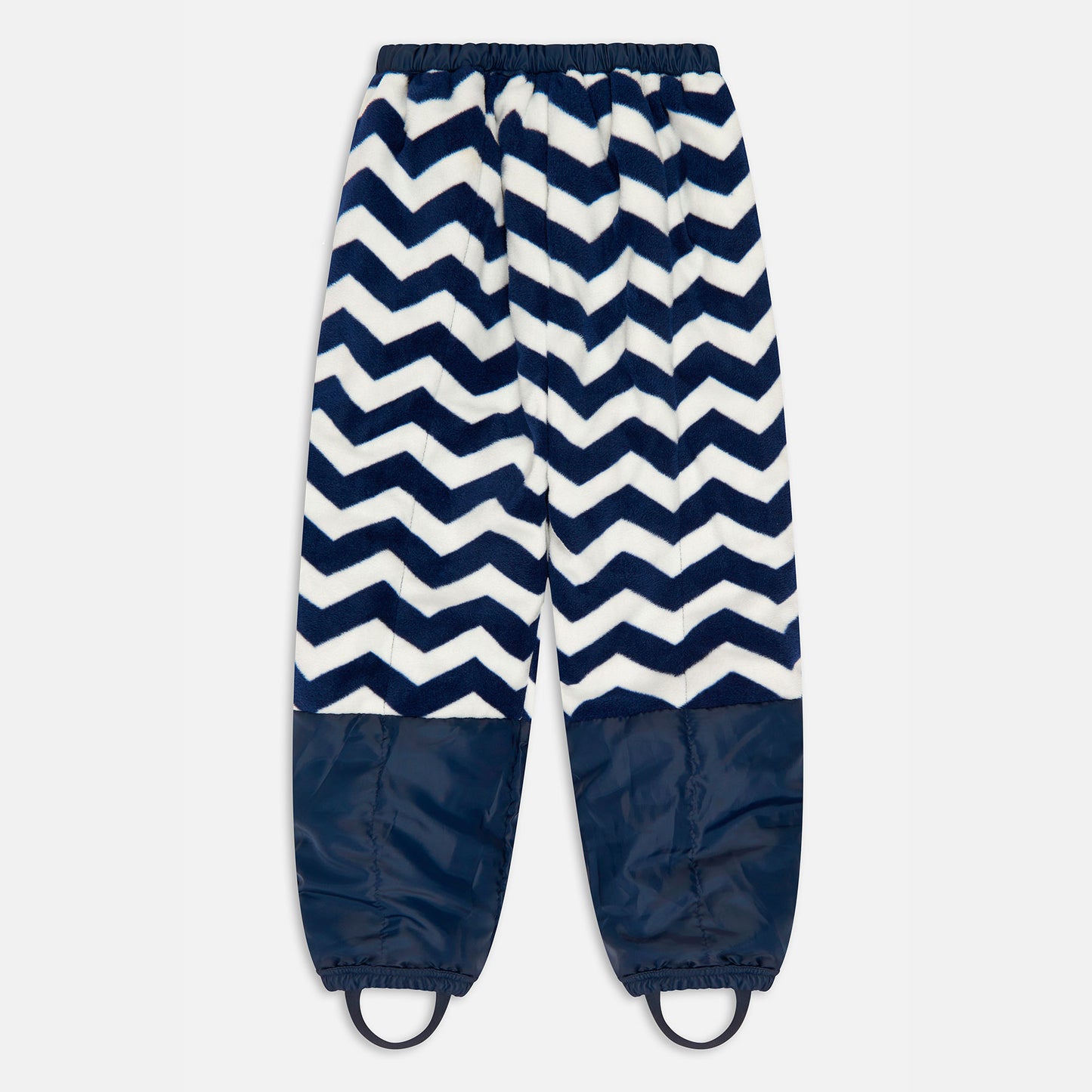 Puddleflex Waterproof Fleece Lined Trousers Navy, with a blue and white chevron pattern and stirrups, lying on a white surface.