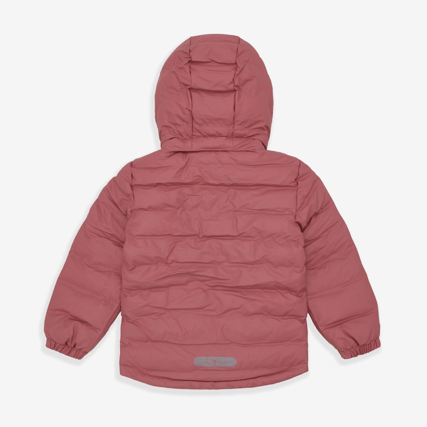 A pink waterproof puffer jacket, seen from the back. It has a hood and long sleeves with elasticated cuffs.