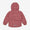 A pink waterproof puffer jacket, seen from the back. It has a hood and long sleeves with elasticated cuffs.