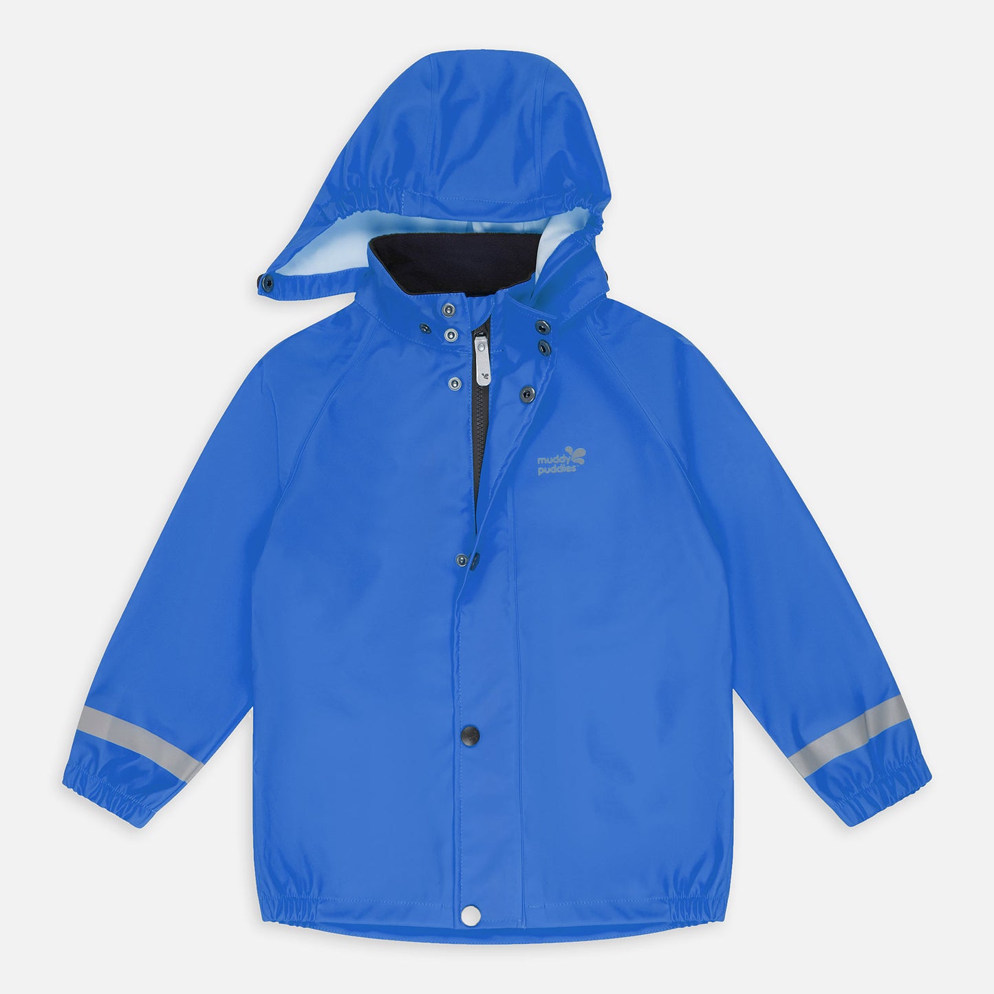 A blue 'Rainy Day Waterproof Jacket Blue', a waterproof jacket with a hood, reflective stripes and the 'muddy puddles' logo