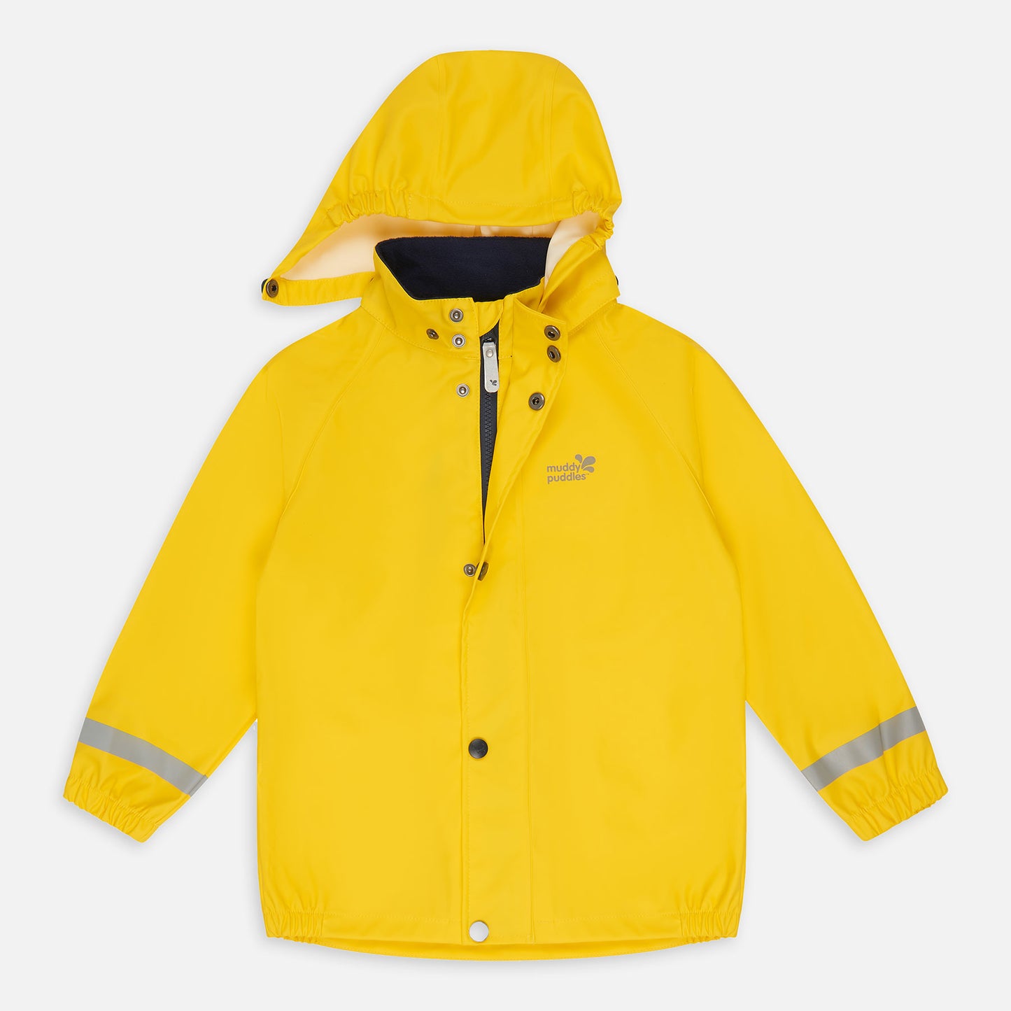 Yellow Rainy Day Waterproof Jacket, a bright, hooded raincoat with reflective stripes on the sleeves, ideal for wet weather.