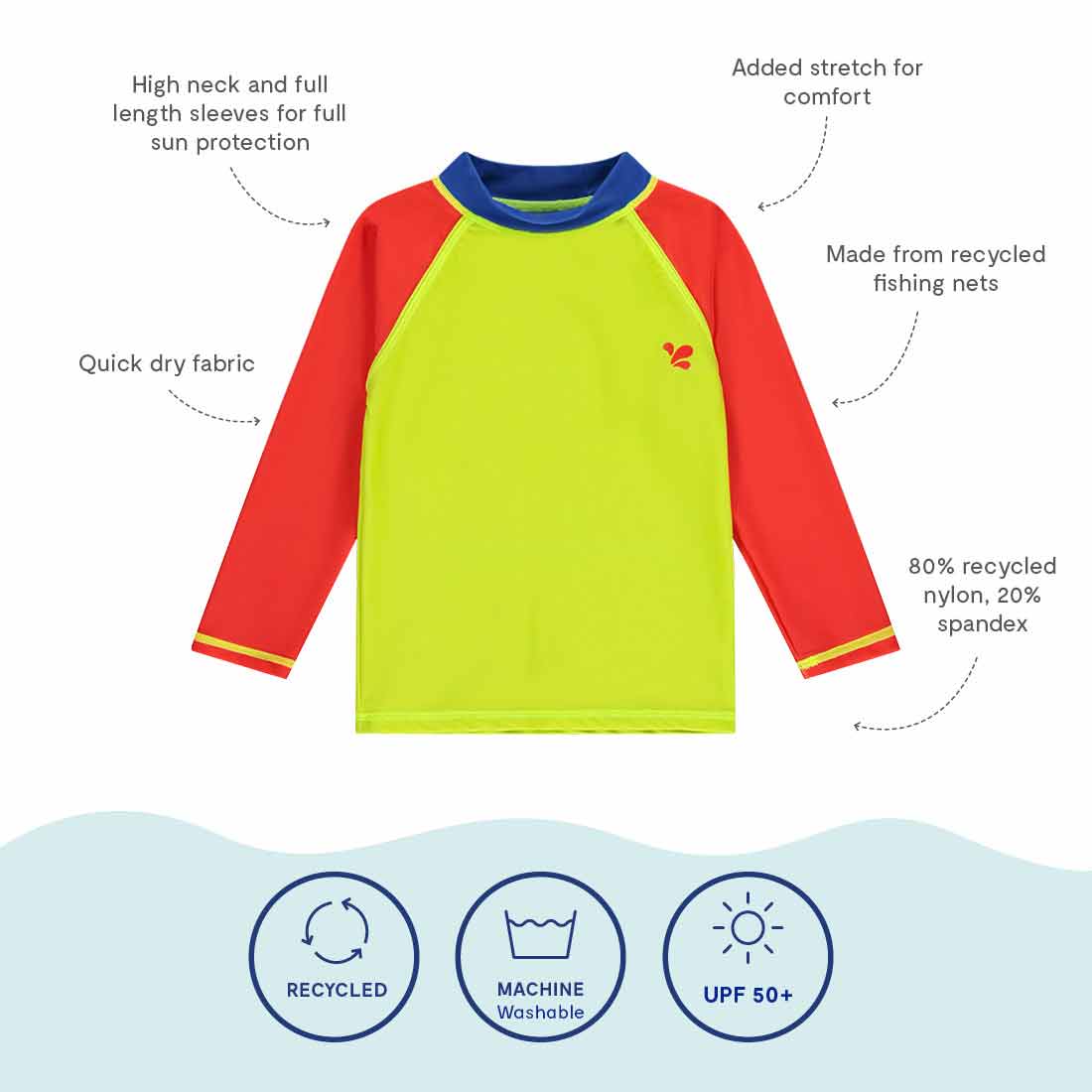 UV Protective Rash Vest Multi Colourblock with high neck and long sleeves for sun protection, made from recycled materials and quick-drying fabric.