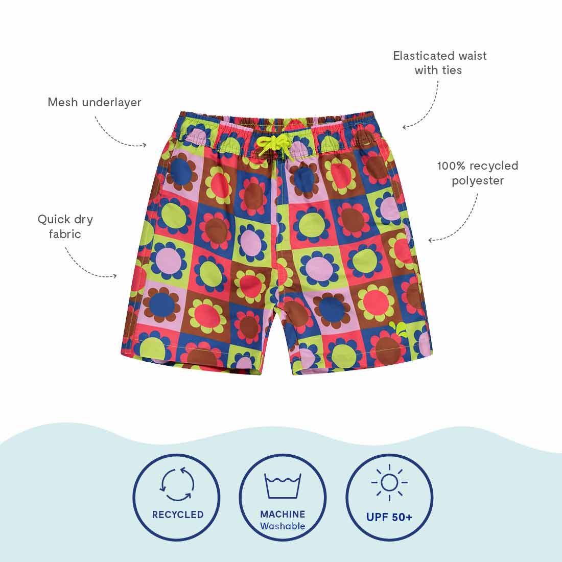 UV Protective Swim Shorts Multi Floral, bright flower patterned swimming shorts with elasticated waist and ties.