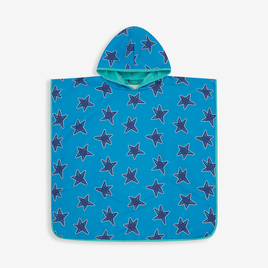Blue starfish Beach Towel Poncho featuring a hood and turquoise trim, perfect for staying cosy after a swim.