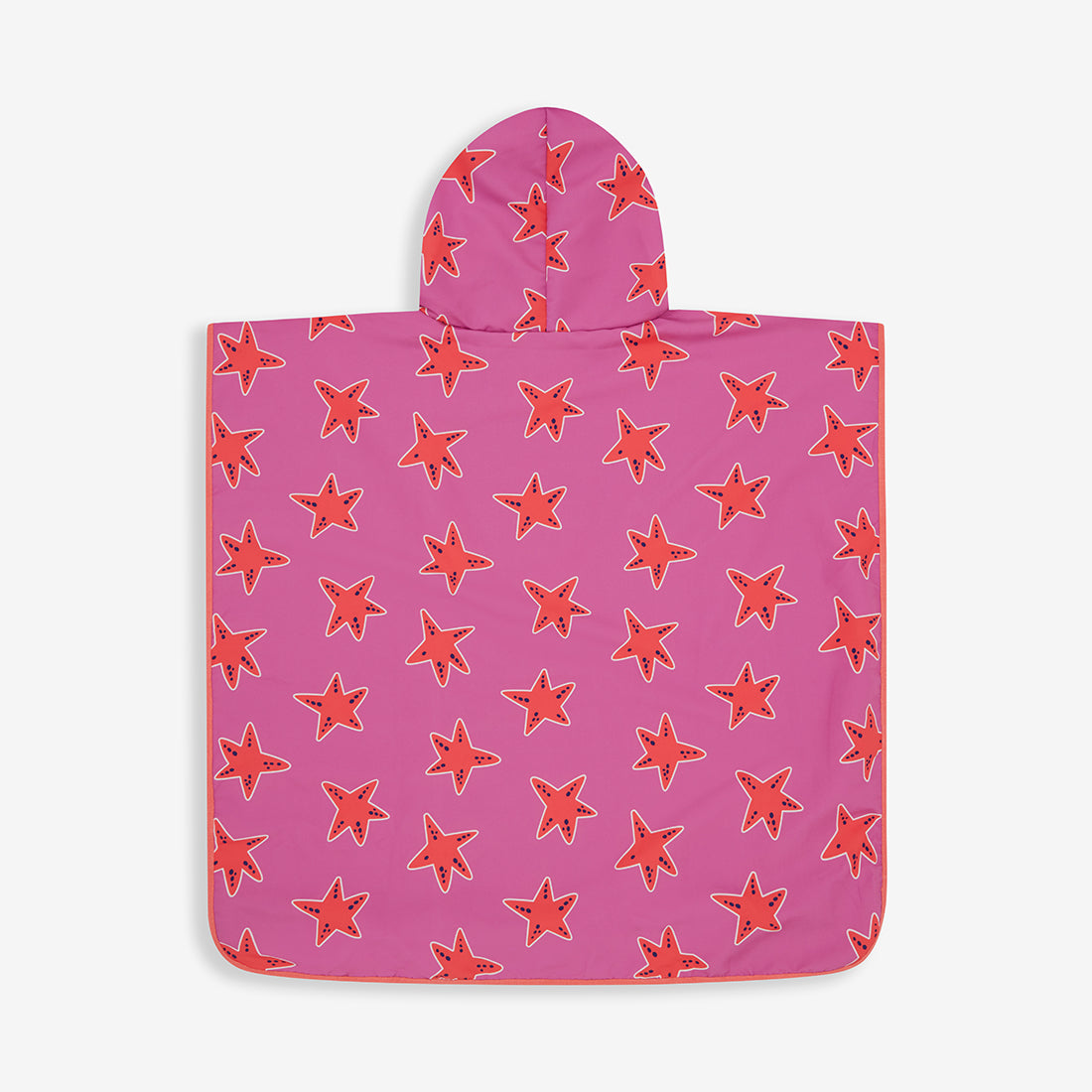 Beach Towel Poncho Pink Starfish with a hood, patterned with red starfish shapes outlined in white. A cosy hooded towel for kids.