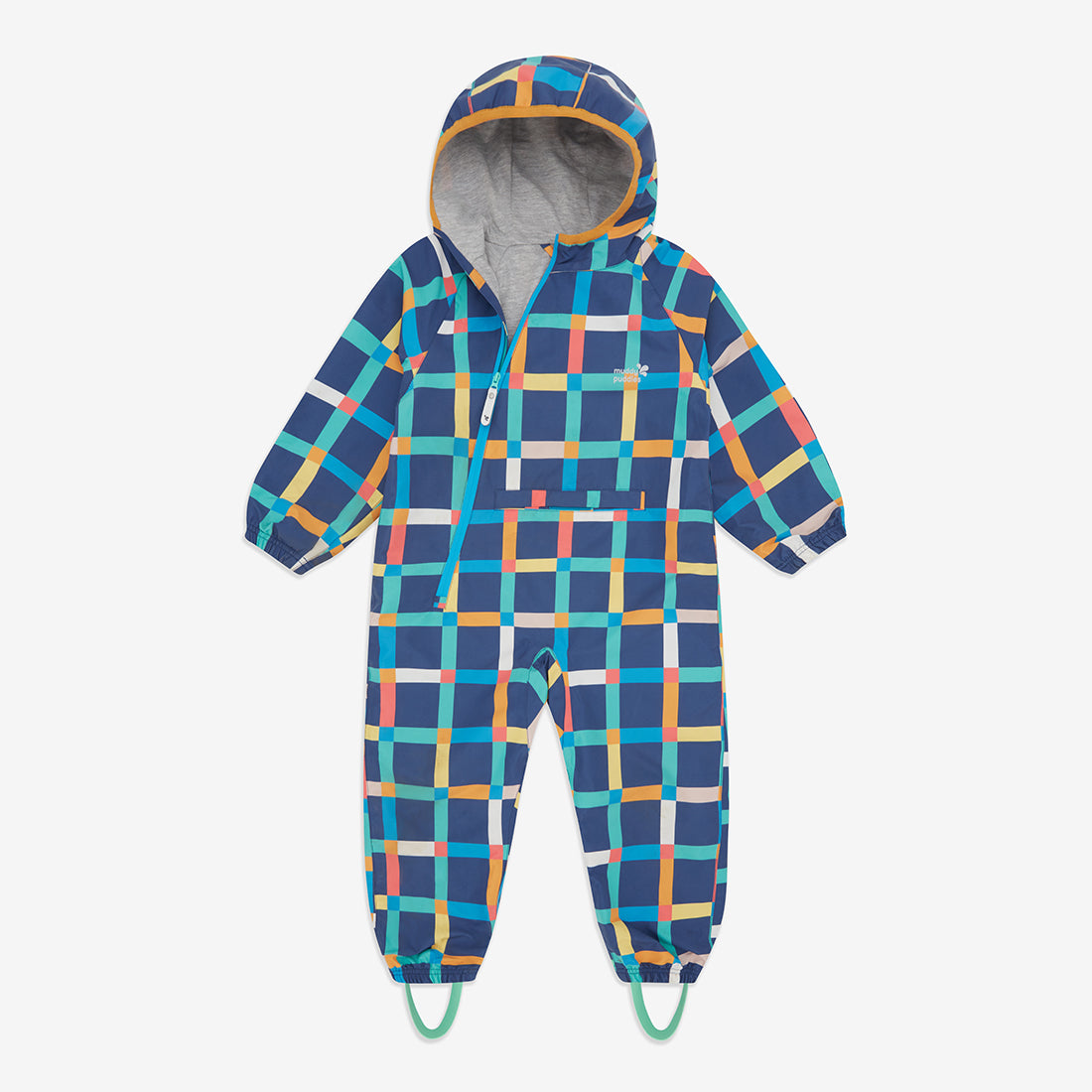 EcoLight Lightweight Waterproof Puddle Suit Multi Check. An all-in-one puddle suit with a hood, multicoloured check pattern and grey lining.