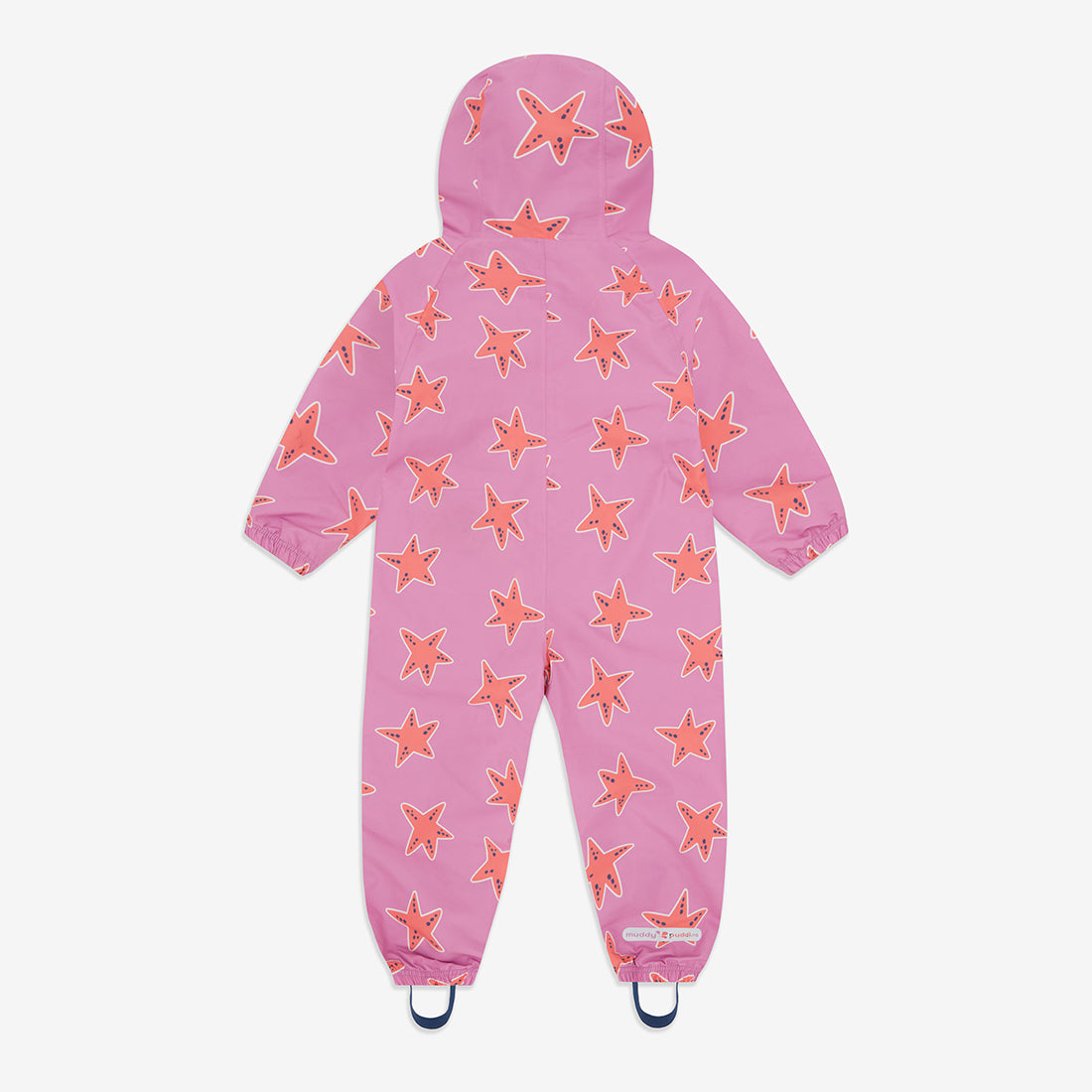 EcoLight Lightweight Waterproof Puddle Suit Pink Starfish: a pink puddle suit with orange starfish pattern, hood, long sleeves and stirrups at the ankles.