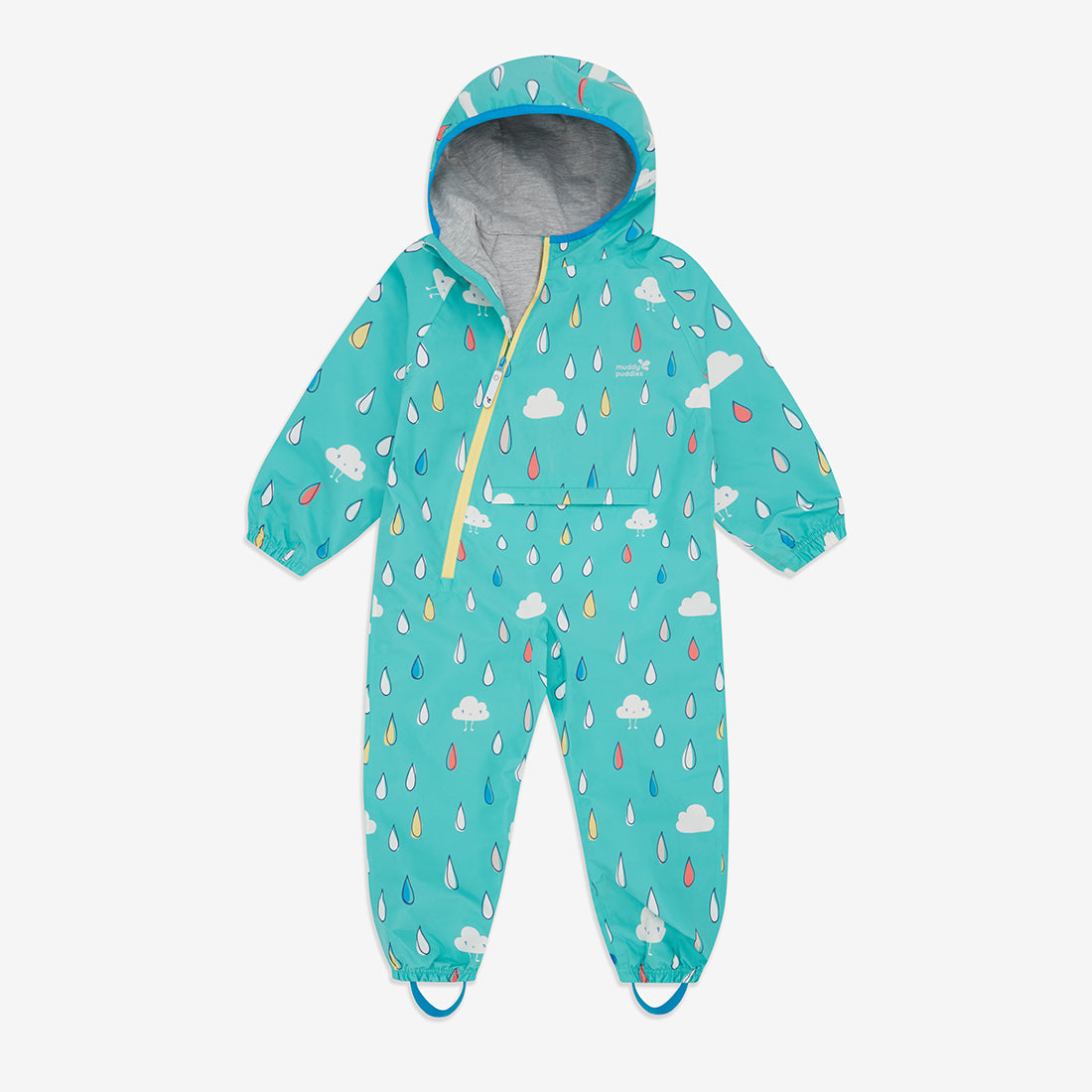 Rainy day puddle suit with a hood and clouds and rain drops print, against a white background.