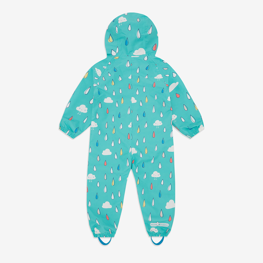 EcoLight Lightweight Waterproof Puddle Suit Green Raindrops: A blue puddle suit with a white cloud and raindrop pattern and blue stirrups.
