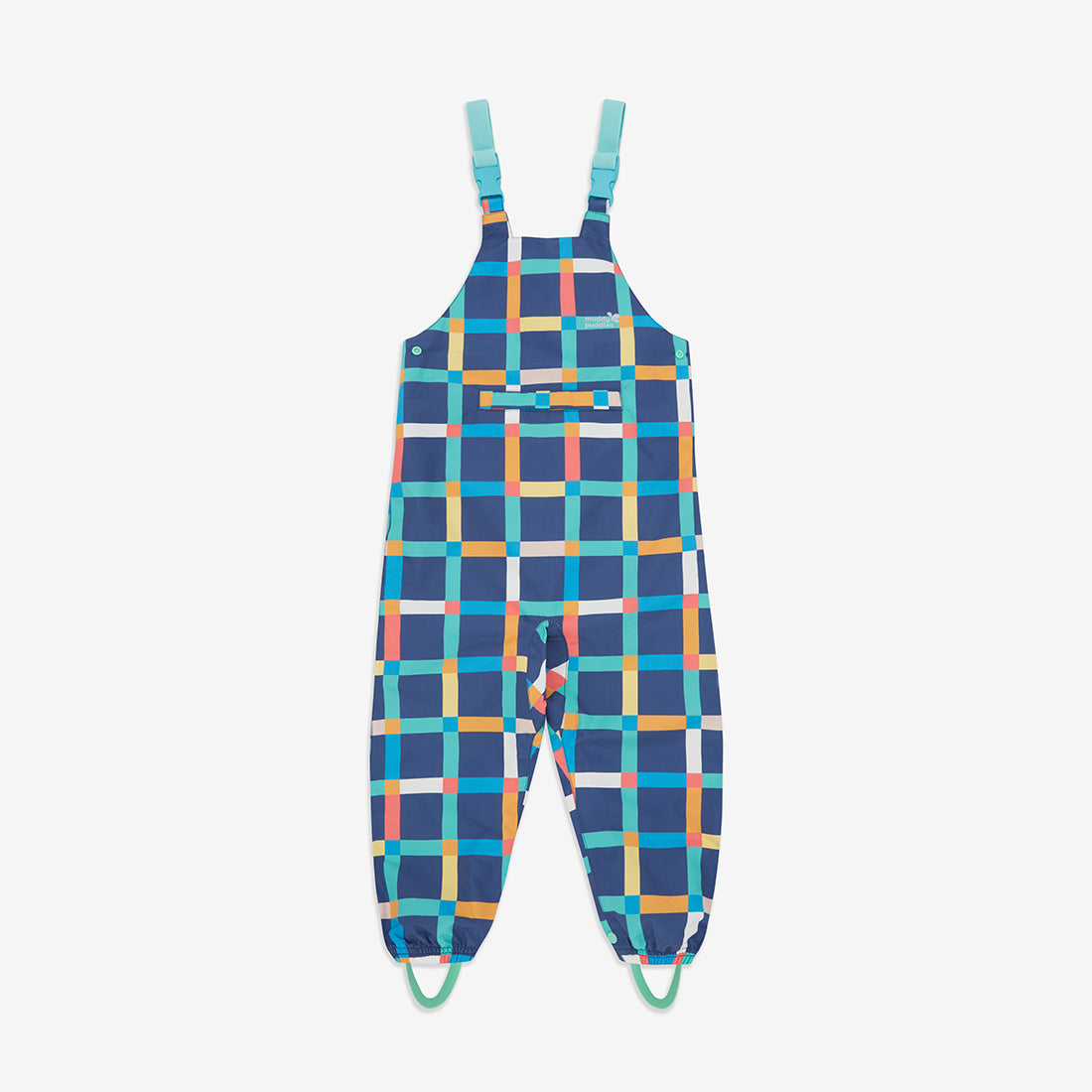Blue and multicoloured checked dungarees with adjustable straps, ideal for wet weather adventures.