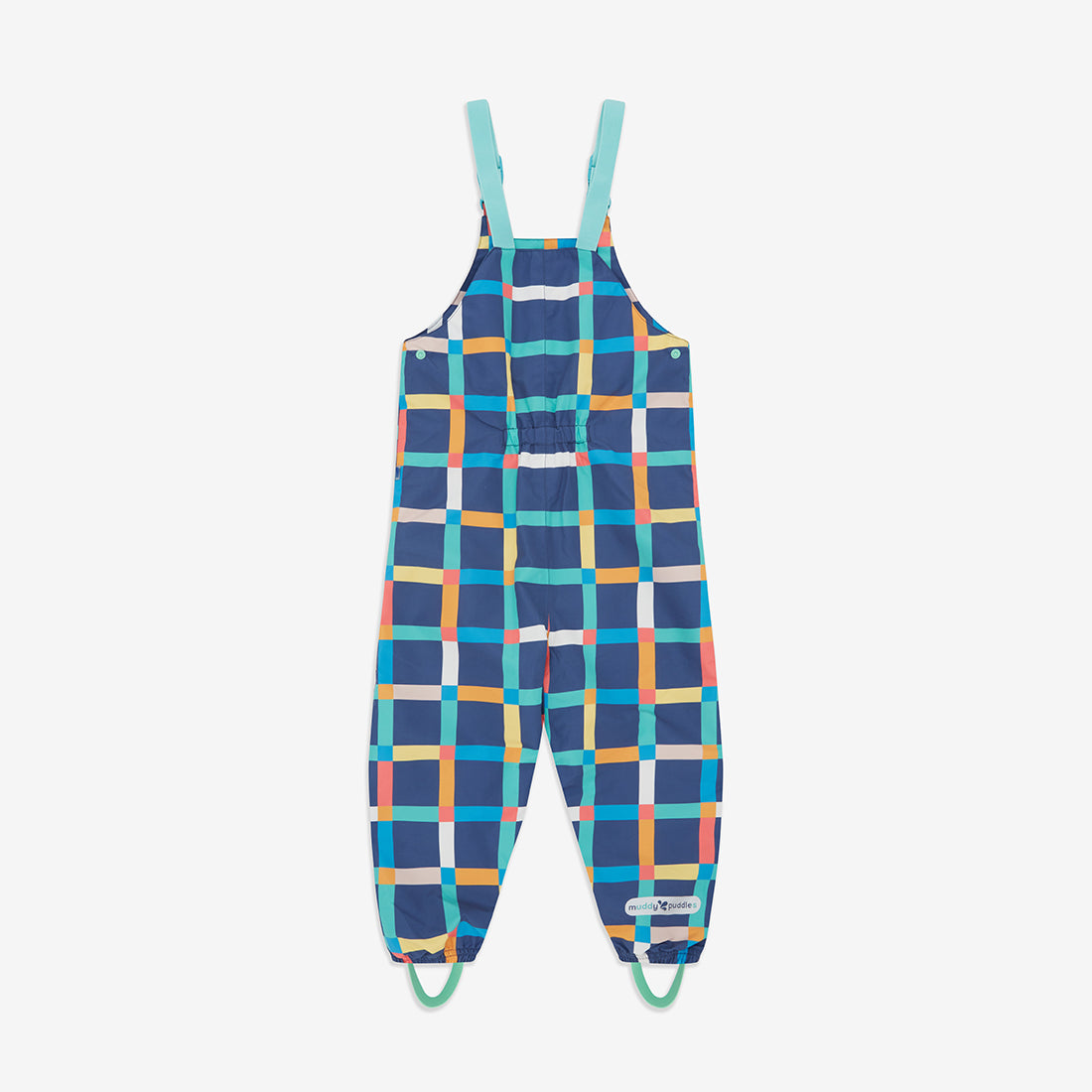 EcoLight Waterproof Dungarees Multi Check with teal straps and a colourful square pattern against a navy background.