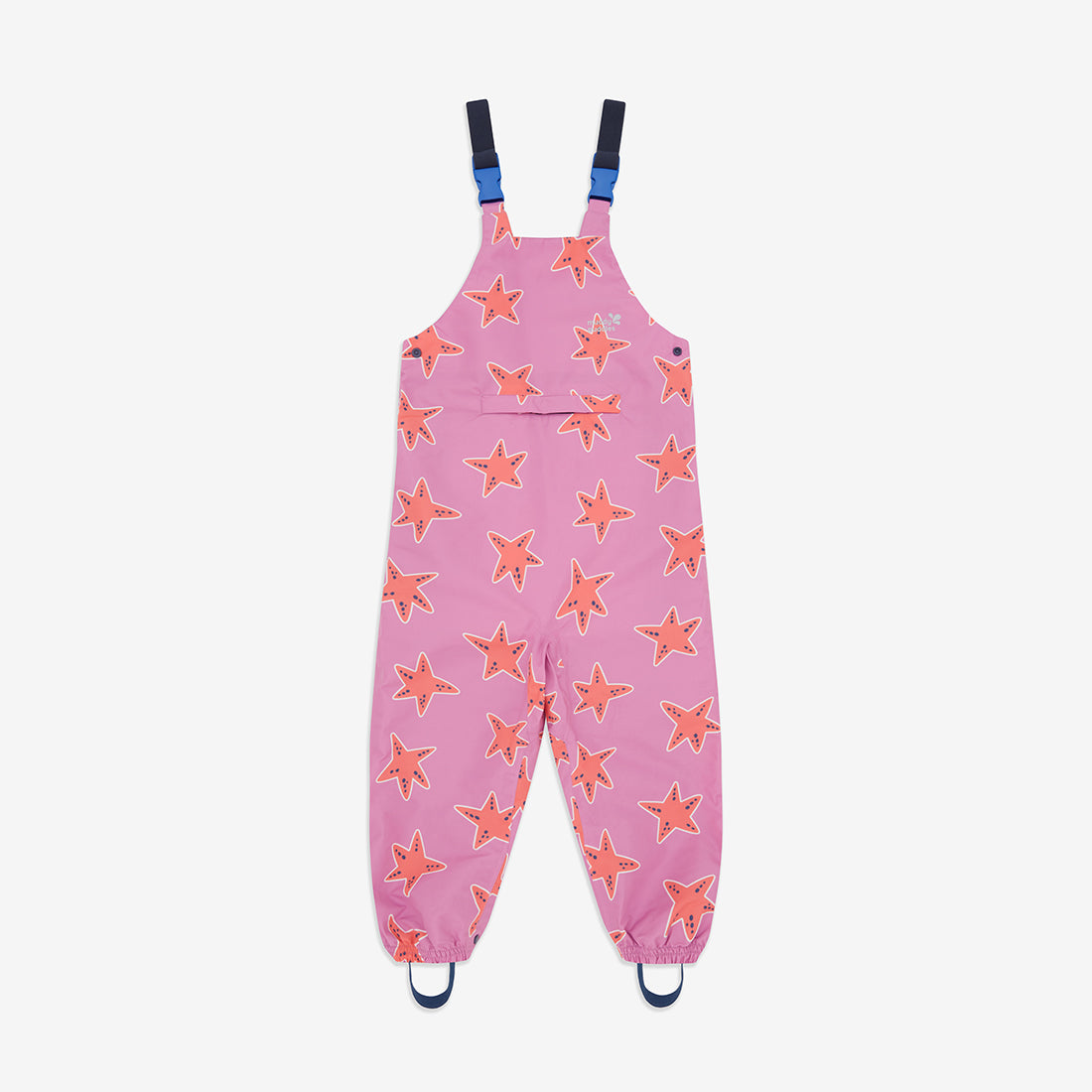 EcoLight Waterproof Dungarees Pink Starfish: Pink dungarees with orange starfish pattern and blue buckles on the adjustable straps.