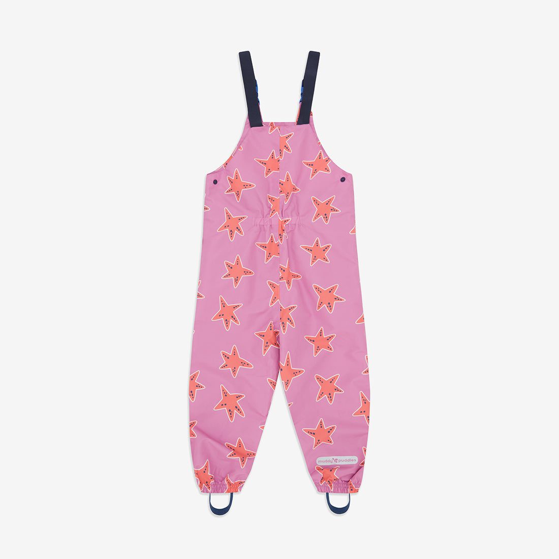 EcoLight Waterproof Dungarees Pink Starfish, featuring a pattern of starfish on pink fabric, with blue straps and stirrups.