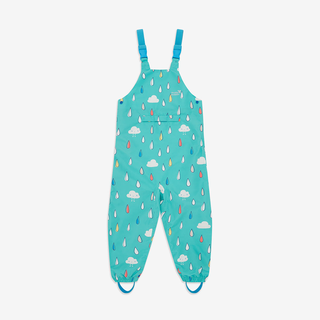 EcoLight Waterproof Dungarees Green Raindrops: Turquoise dungarees with a colourful cloud and rain print, perfect for splashing in puddles!