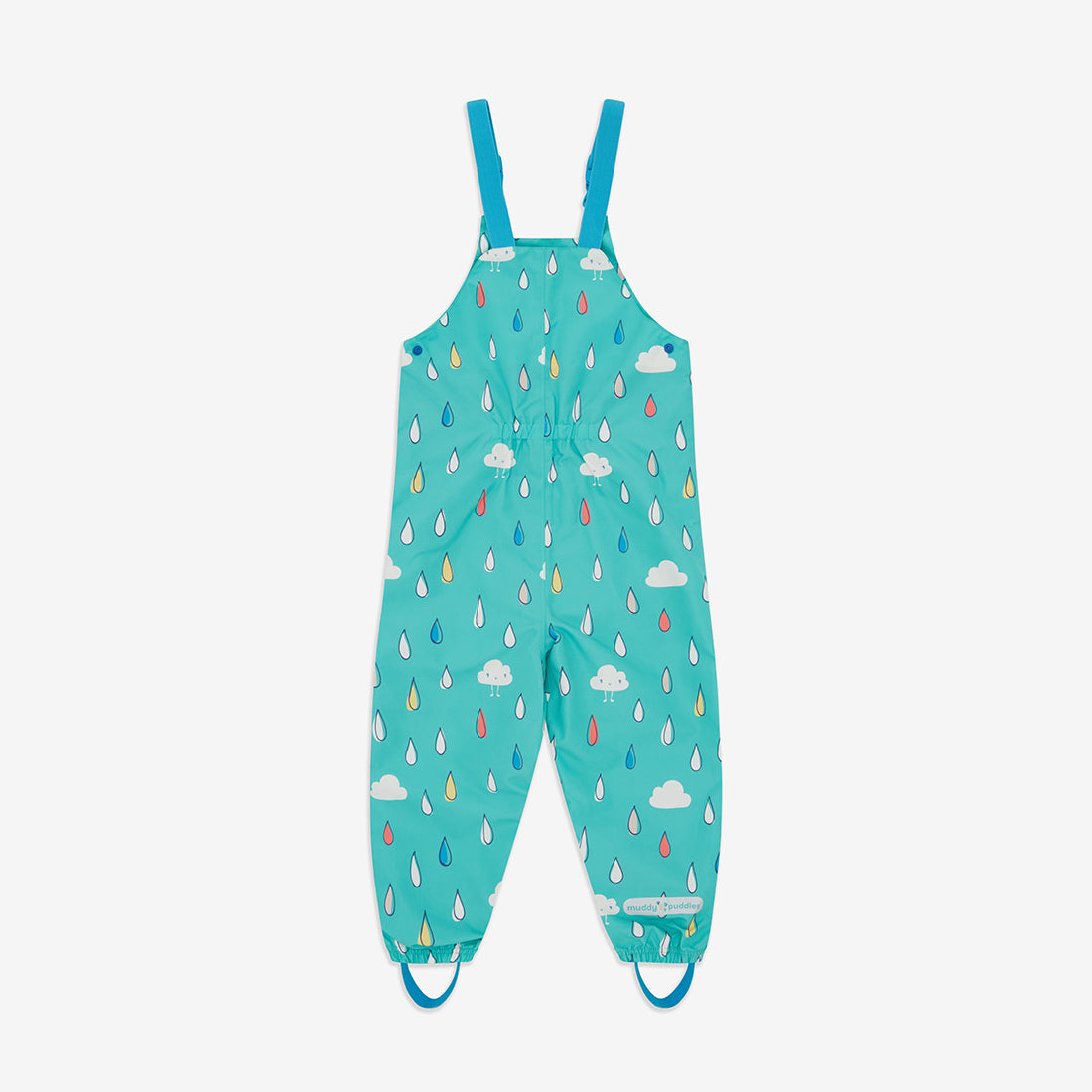 EcoLight Waterproof Dungarees Green Raindrops. Waterproof dungarees in an aqua colour, patterned with clouds and colourful raindrops.