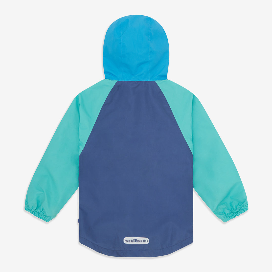 EcoLight Lightweight Waterproof Jacket Blue Colourblock, back view. Features blue and teal colourblock design with hood.