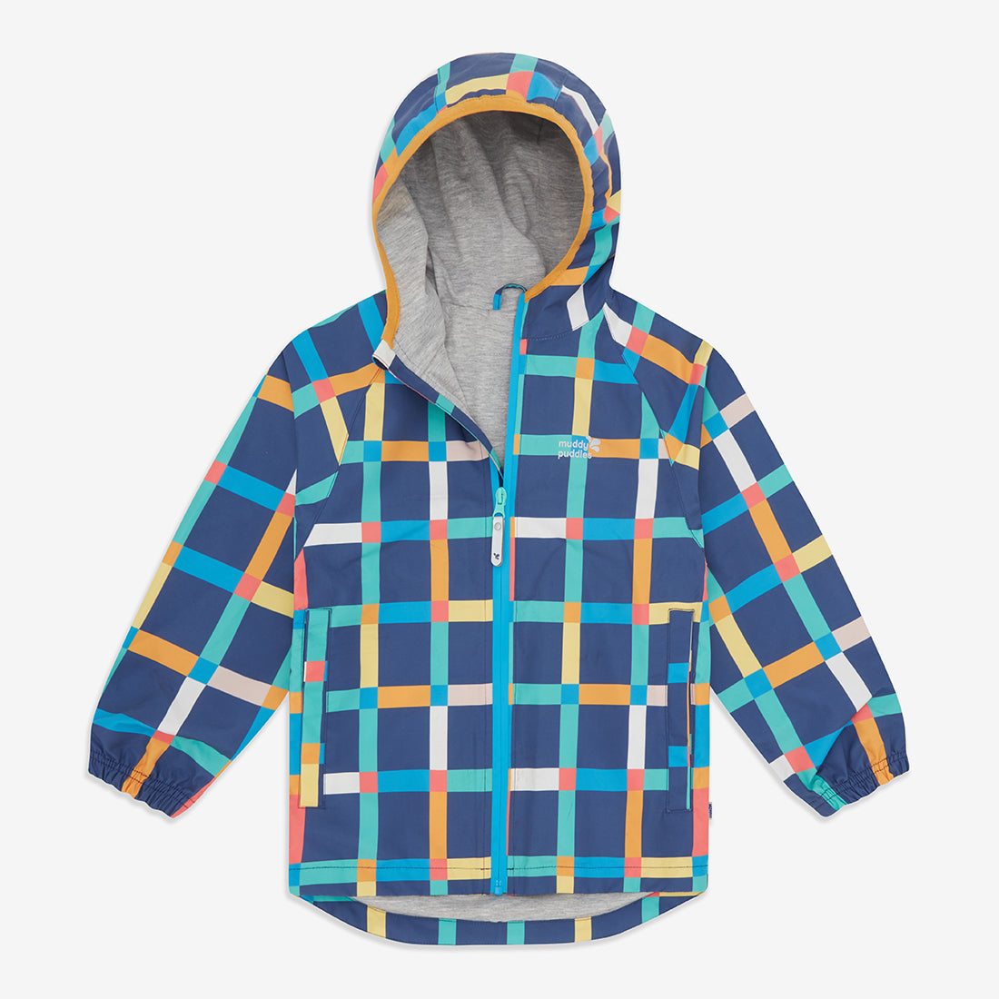 A multi-check EcoLight Lightweight Waterproof Jacket with a hood, spread out on a white background.