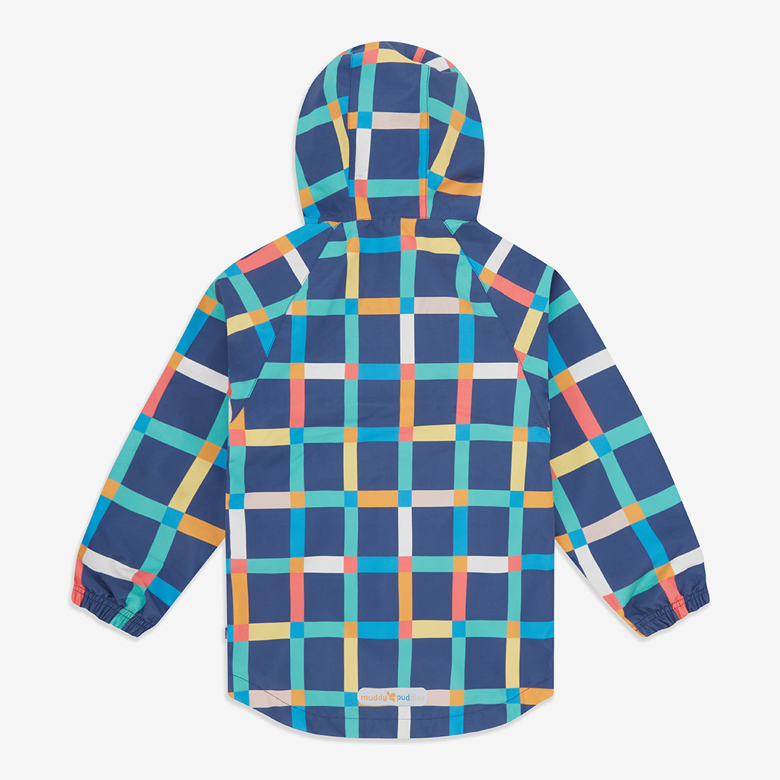 A multi-check EcoLight Lightweight Waterproof Jacket with a hood, perfect for keeping children dry during outdoor play.
