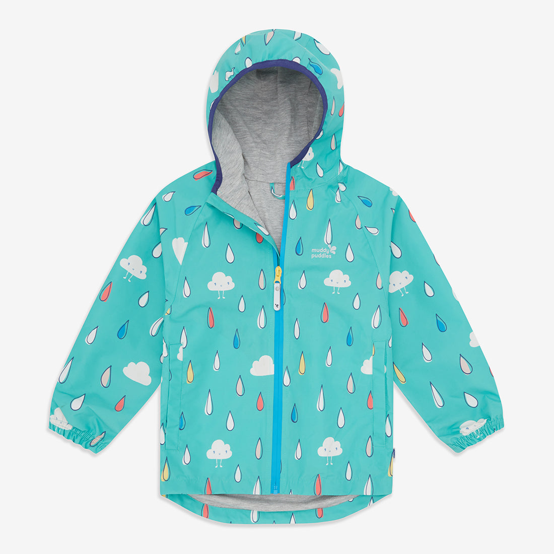 EcoLight Lightweight Waterproof Jacket Green Raindrops, a waterproof jacket with a hood, featuring a rain and cloud pattern.