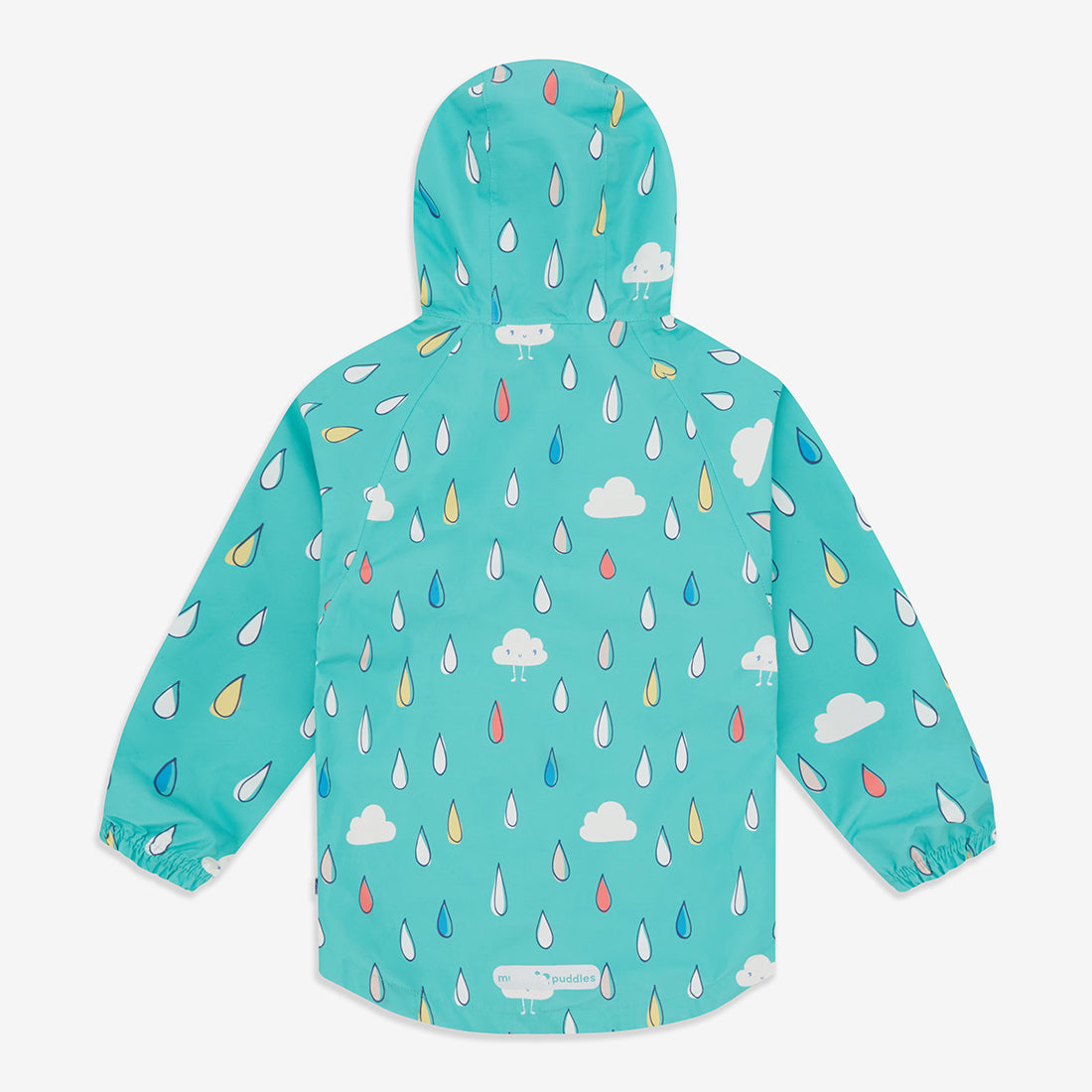 EcoLight Lightweight Waterproof Jacket Green Raindrops, a teal jacket adorned with colourful raindrops and clouds, photographed from the back.