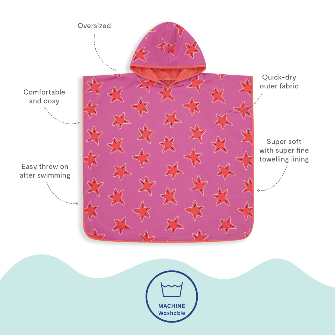 Beach Towel Poncho Pink Starfish: A hooded pink starfish patterned beach towel poncho with text highlighting its features such as quick-drying fabric.