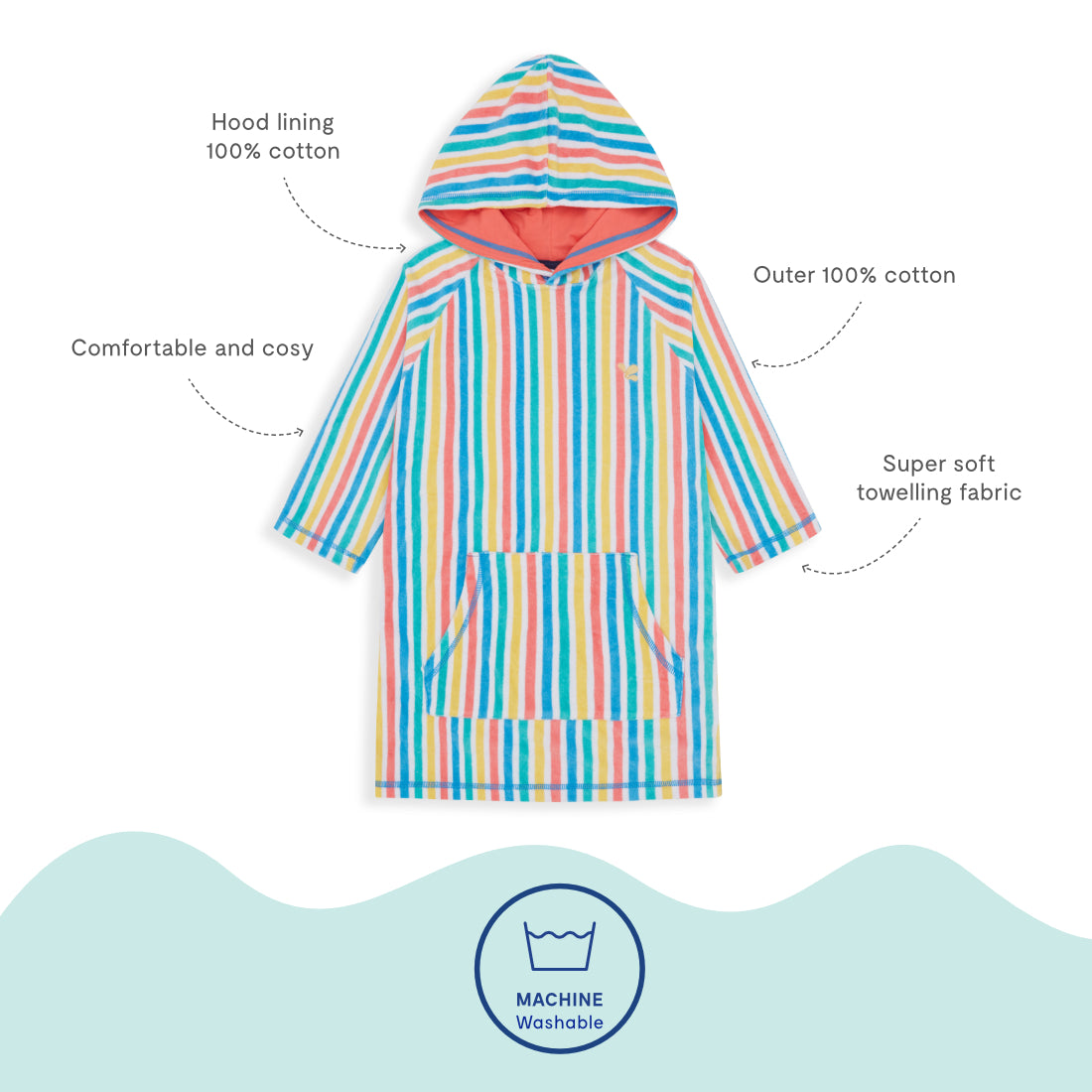 Towel Poncho Multi Stripe. Striped hooded towelling poncho with a kangaroo pocket and 'machine washable' symbol on a blue background.