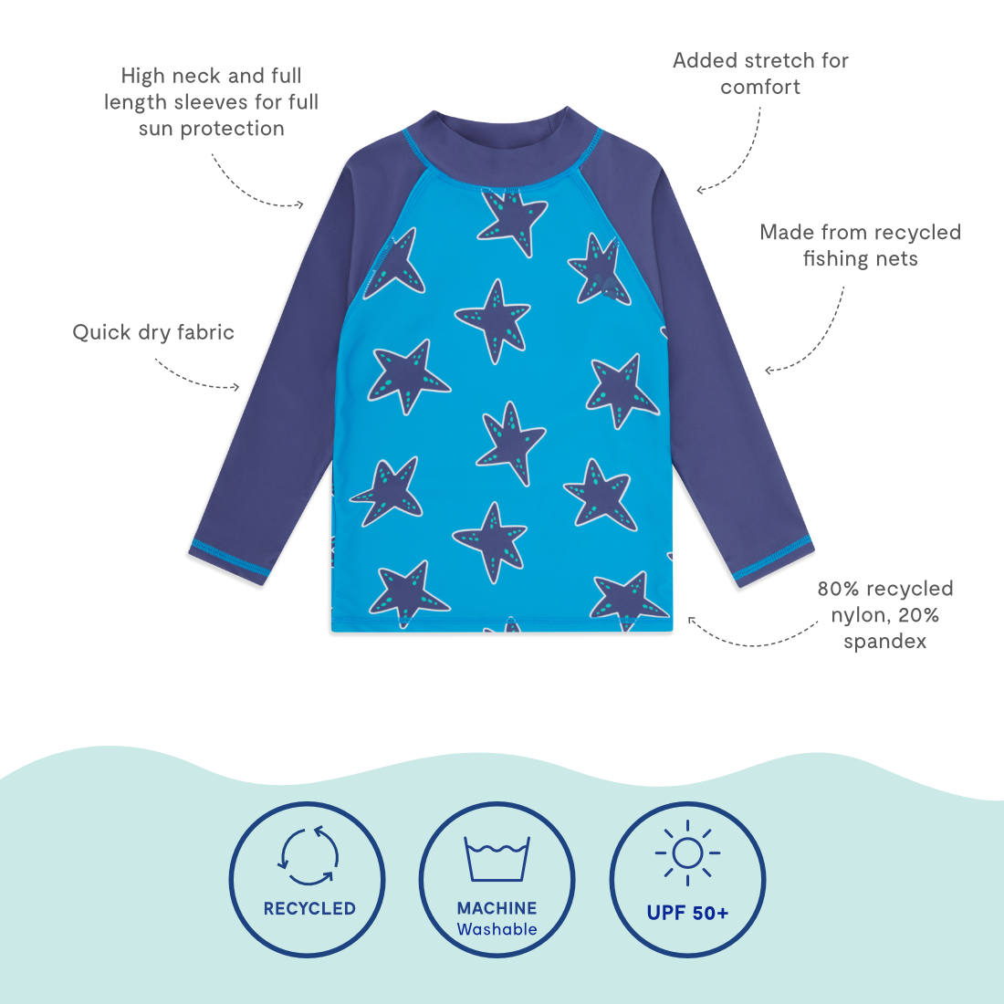 UV Protective Rash Vest Blue Starfish, a long sleeved top with blue starfish pattern on the body and darker blue sleeves.