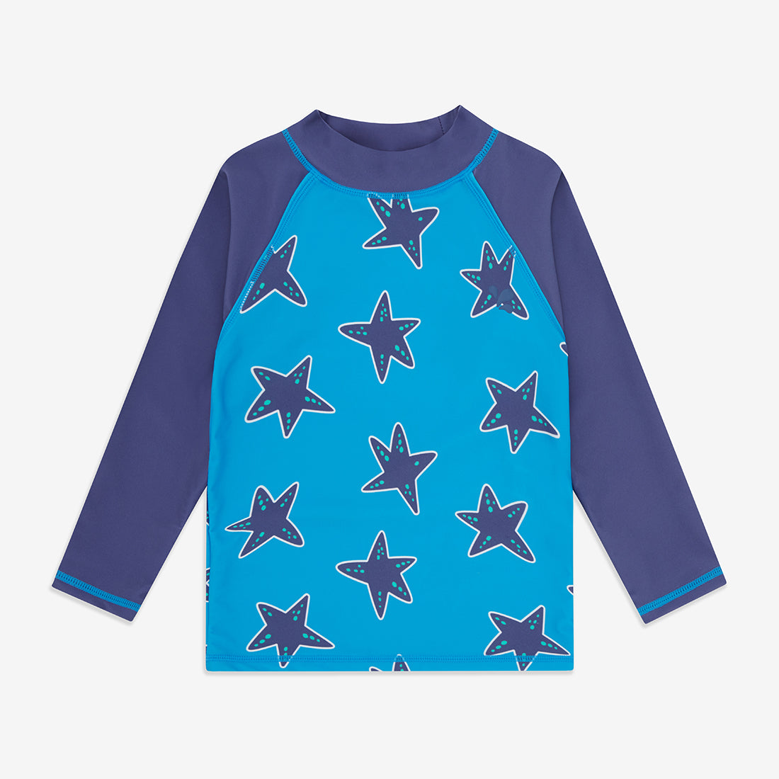 UV Protective Rash Vest Blue Starfish: A blue long-sleeved rash vest with a starfish pattern on the front panel.
