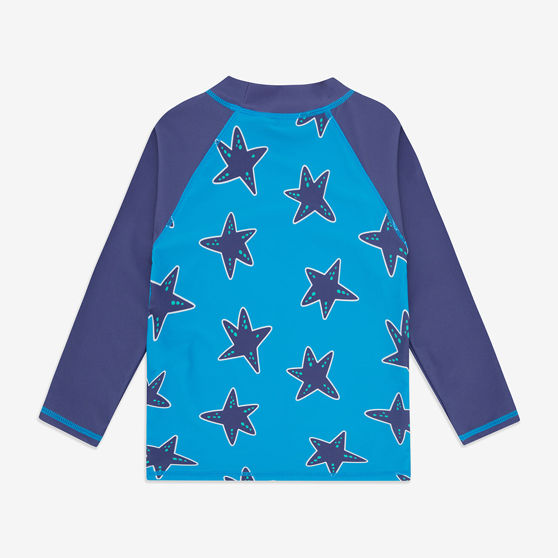 UV Protective Rash Vest Blue Starfish, back view, a blue shirt with navy blue sleeves and starfish pattern on the front panel.