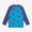 UV Protective Rash Vest Blue Starfish, back view, a blue shirt with navy blue sleeves and starfish pattern on the front panel.