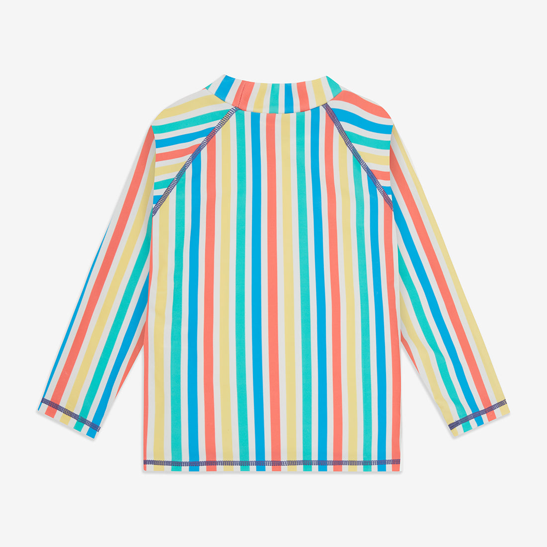UV Protective Rash Vest Multi Stripe, a long-sleeved top with colourful vertical stripes of teal, coral, yellow, blue and white.