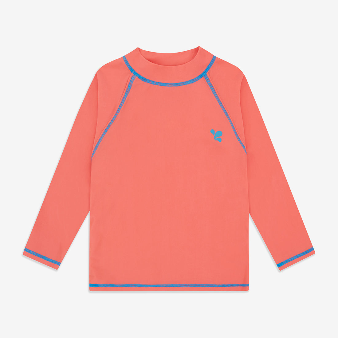 A red, long-sleeved UV Protective Rash Vest, with a blue logo and trim around the neck, wrists and hem, and blue stitching on the seams.