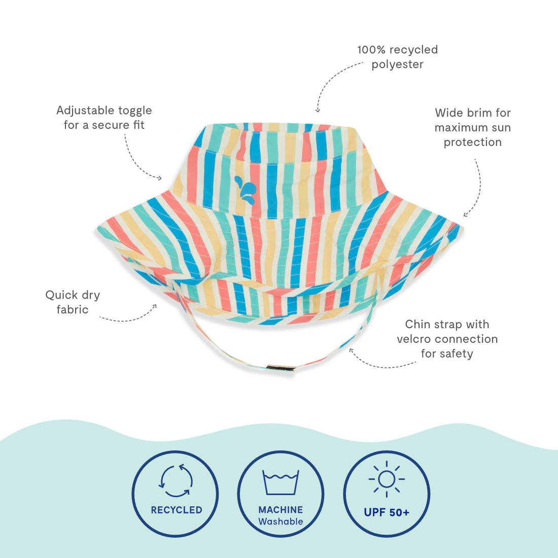 UV Protective Sun Hat Multi Stripe, a sun hat with colourful stripes. Features include: adjustable toggle, wide brim & chin strap.