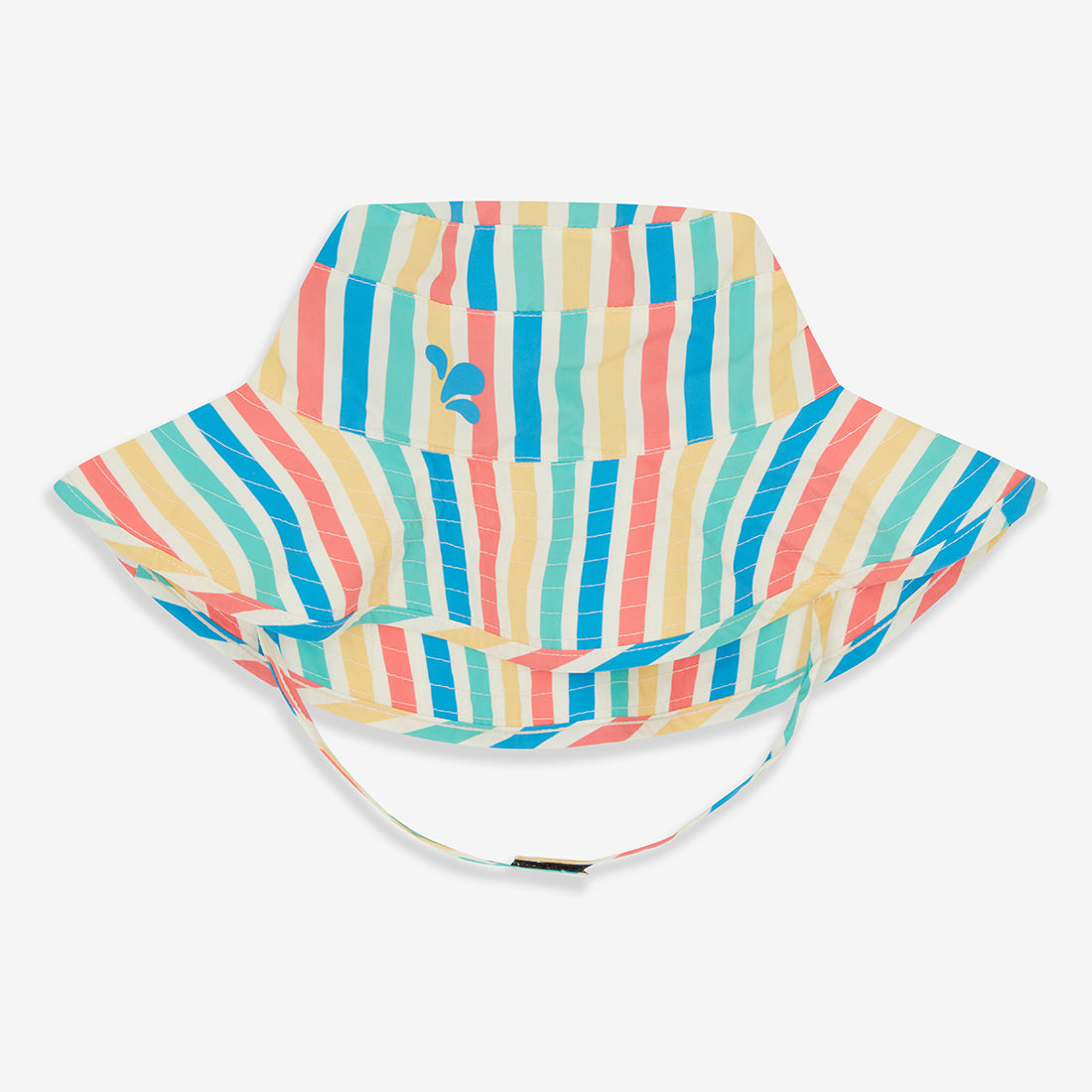 UV Protective Sun Hat Multi Stripe, a striped sun hat in blue, yellow, pink and white. It has a blue logo and a chin strap.