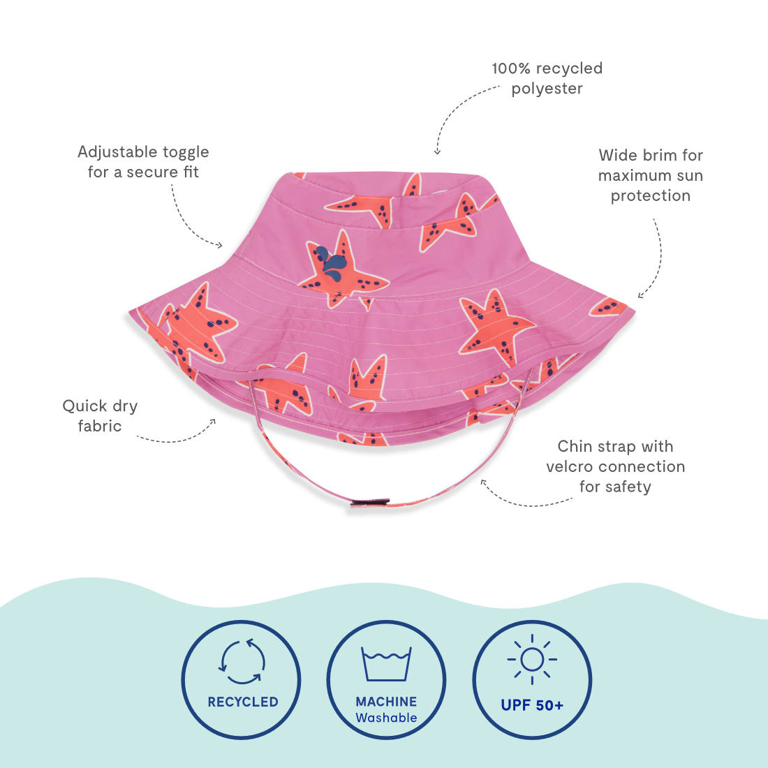 UV Protective Sun Hat Pink Starfish with toggle for a secure fit, quick-drying fabric, wide brim for sun protection and velcro chin strap.