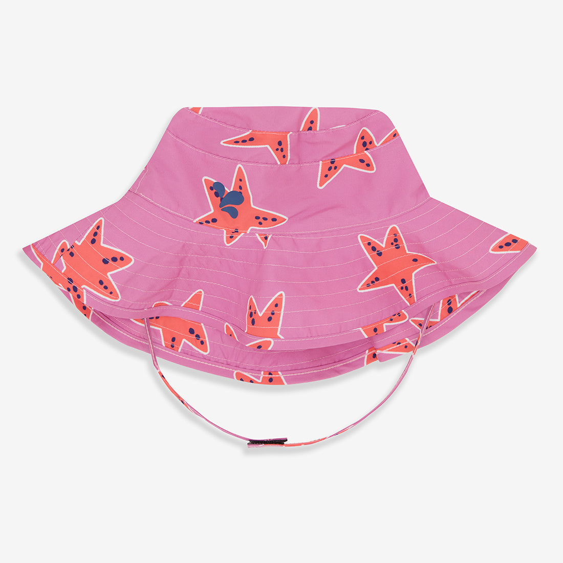 A pink sun hat with a starfish pattern and a chin strap. The hat has a wide brim and a round crown.