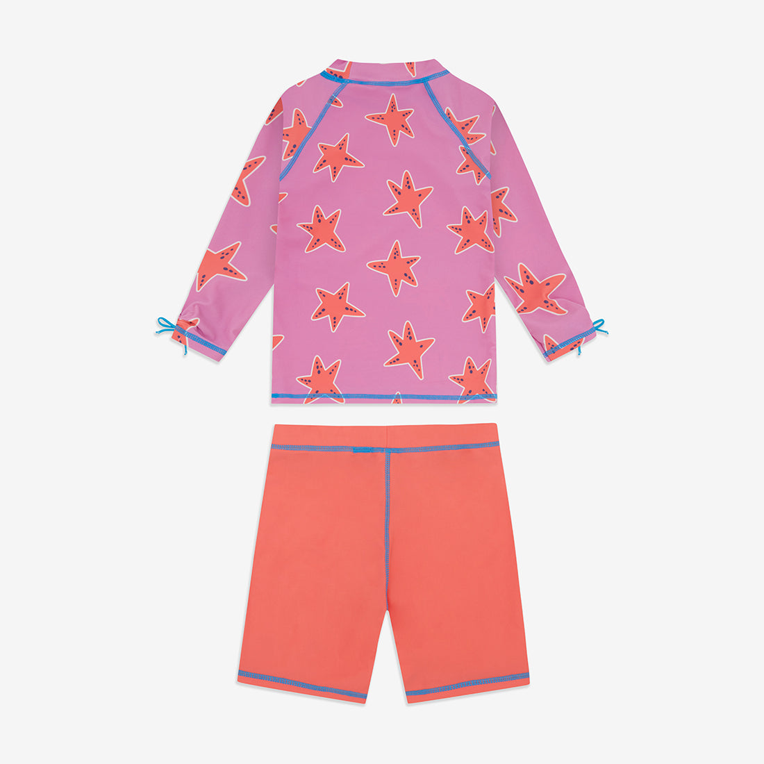 UV Protective Surf Set Pink Starfish, a two-piece swimwear set with a pink starfish-patterned top and coral shorts, perfect for sun protection.