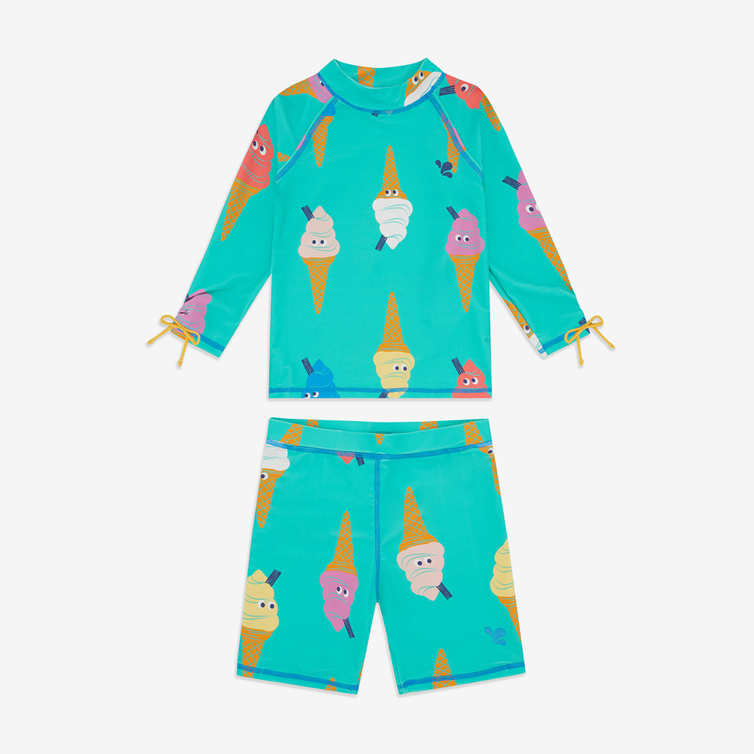 UV Protective Surf Set Green Ice Cream, a fun long sleeve top and shorts swimsuit set with an ice cream pattern.