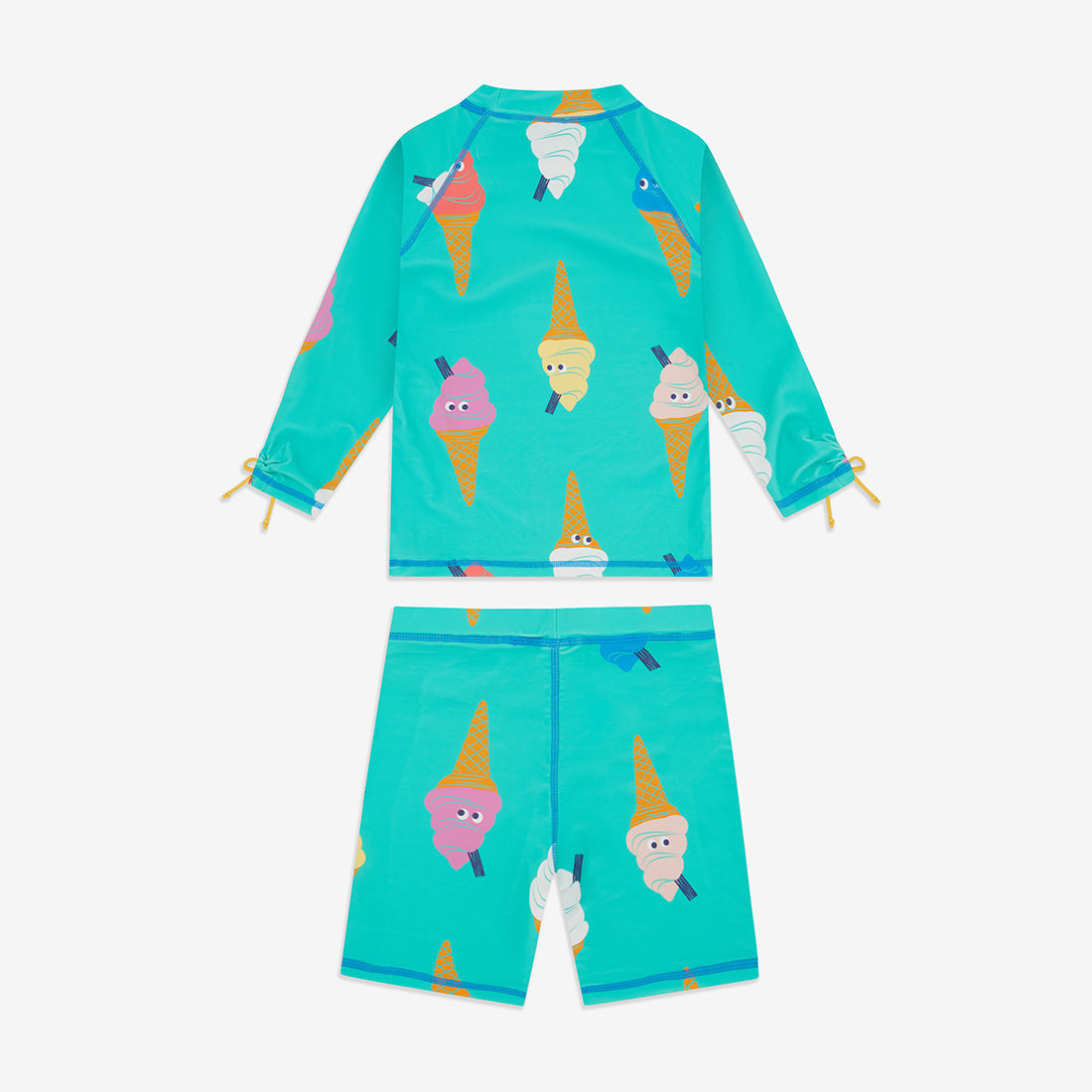 A UV Protective Surf Set in green with an ice cream pattern. The set includes a long-sleeve top and shorts.
