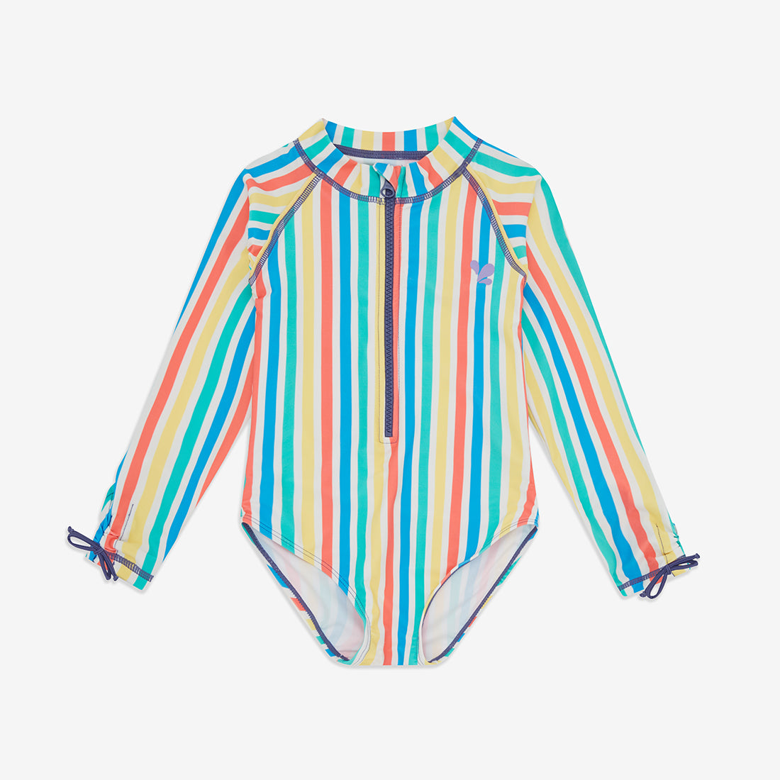 UV Protective Long Sleeve Swimsuit Multi Stripe, a striped swimsuit with long sleeves and a zip-up front, photographed on a white background.