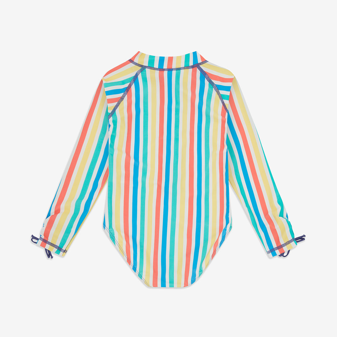 A UV Protective Long Sleeve Swimsuit Multi Stripe, with colourful vertical stripes and long sleeves, against a white backdrop.