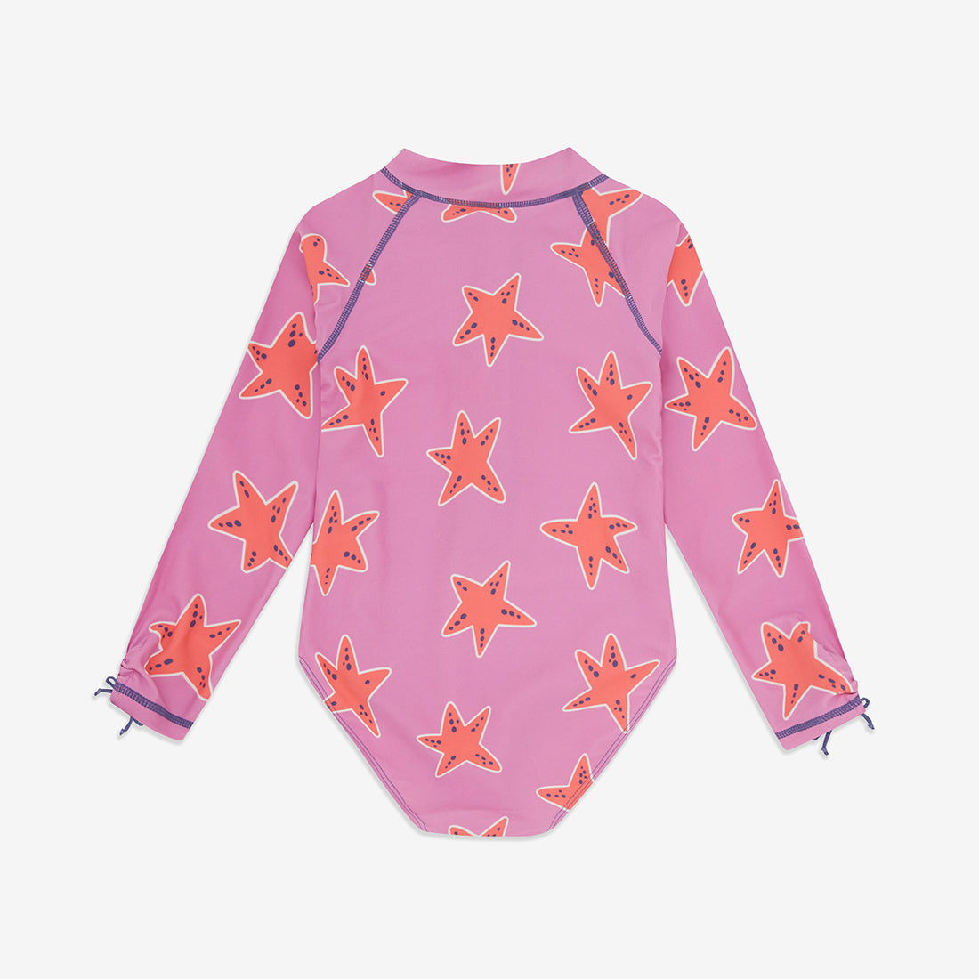 UV Protective Long Sleeve Swimsuit Pink Starfish, a pink swimsuit with a pattern of orange starfish, features long sleeves and a high neckline.