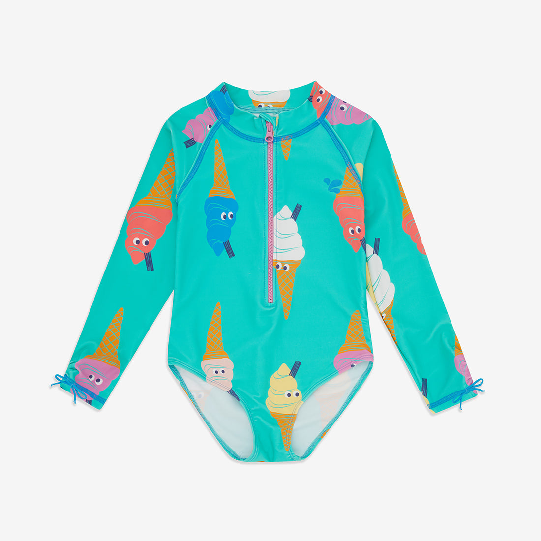 UV Protective Long Sleeve Swimsuit Green Ice Cream, featuring an all-over, colourful ice cream cone pattern and a pink zip.