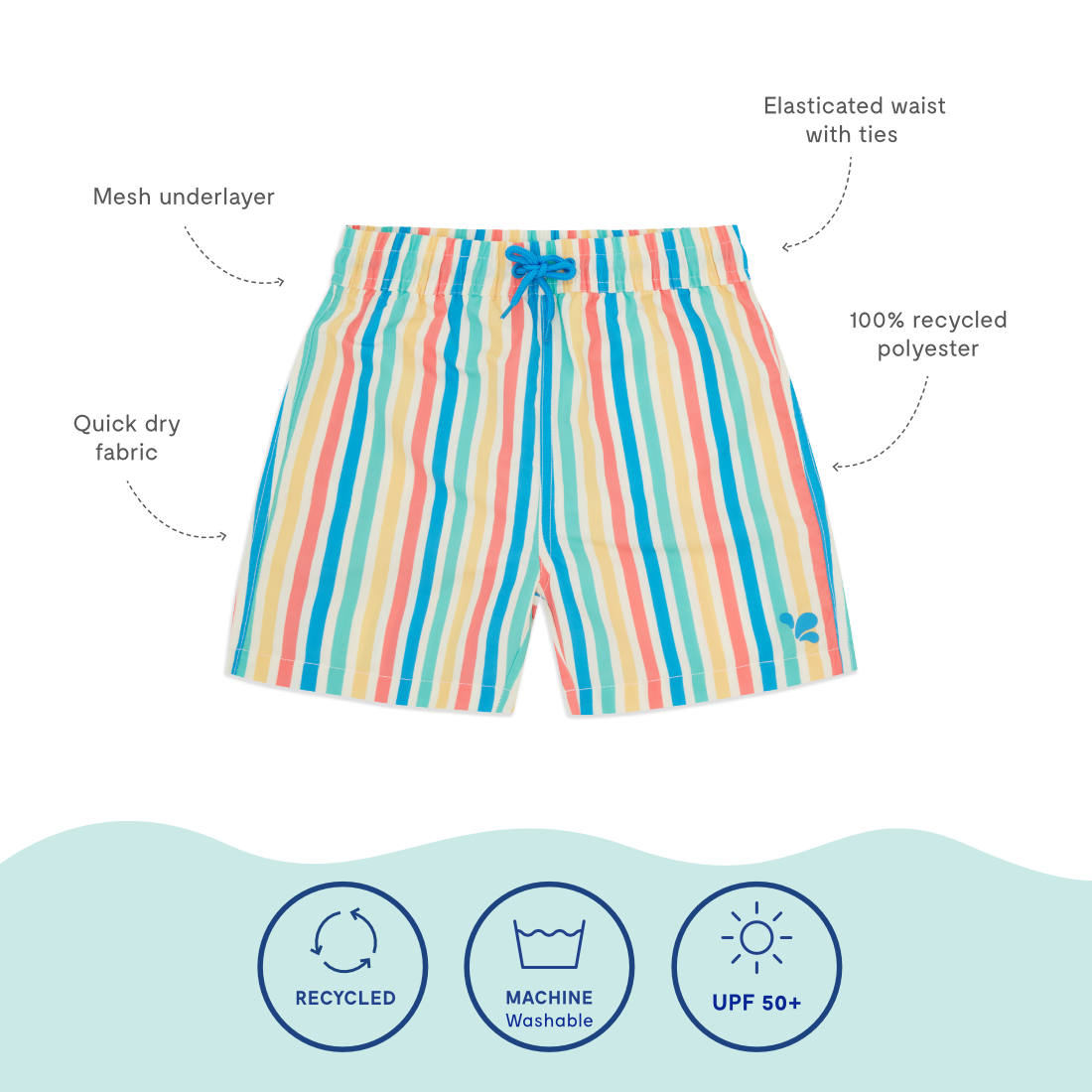UV Protective Swim Shorts Multi Stripe, featuring an elasticated waist with ties and made from 100% recycled polyester.