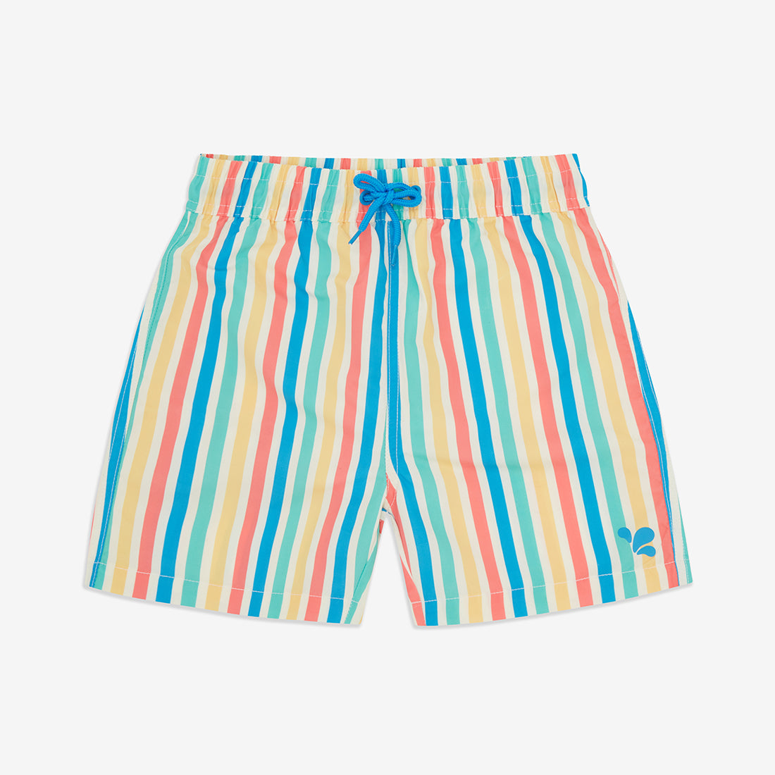 UV Protective Swim Shorts Multi Stripe, featuring vertical stripes in various colours, and a blue drawstring. Ideal for summer swimming.