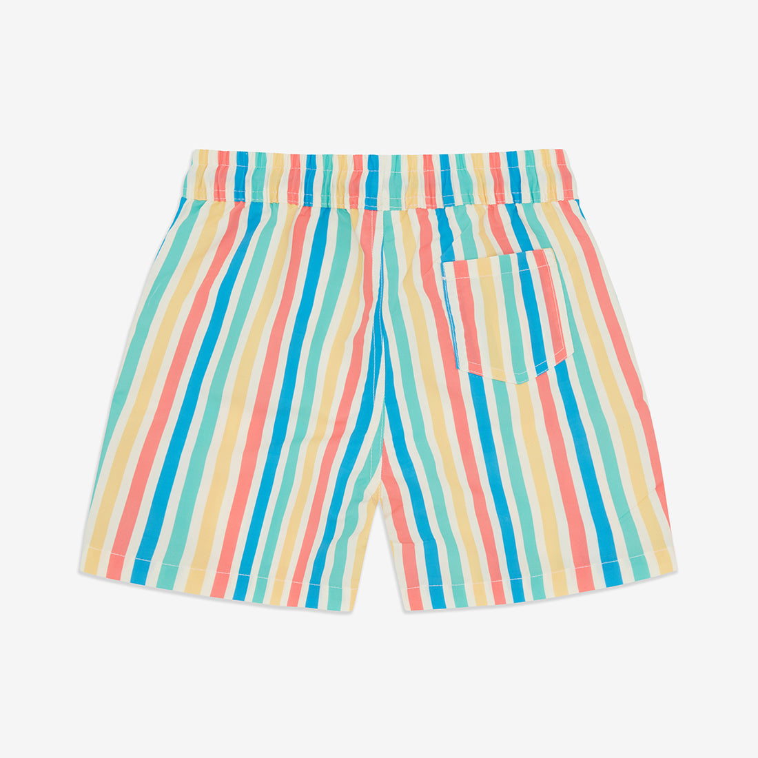 Multi-stripe UV Protective Swim Shorts. Close-up rear view of the shorts, featuring vertical colourful stripes and a back pocket.