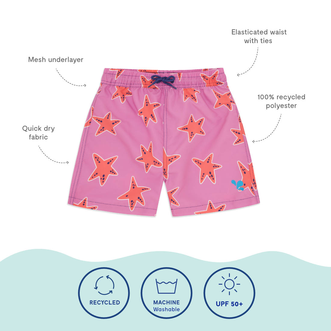 UV Protective Swim Shorts Pink Starfish: A pair of pink swim shorts with a starfish pattern, labelled with fabric and care information.