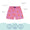 UV Protective Swim Shorts Pink Starfish: A pair of pink swim shorts with a starfish pattern, labelled with fabric and care information.